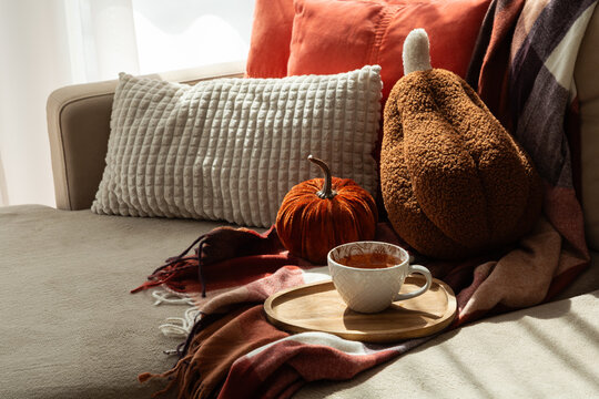 Cozy Autumn Thanksgiving Scene with Pumpkin Spice Tea and Seasonal Decorations