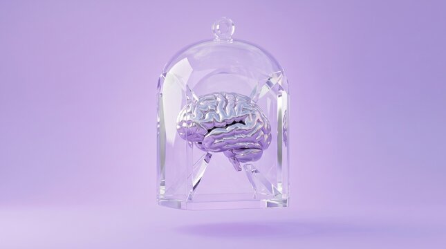 A metallic chrome brain sits inside a transparent glass birdcage against a solid purple background, symbolizing the concept of trapped intellect or confined creativity.