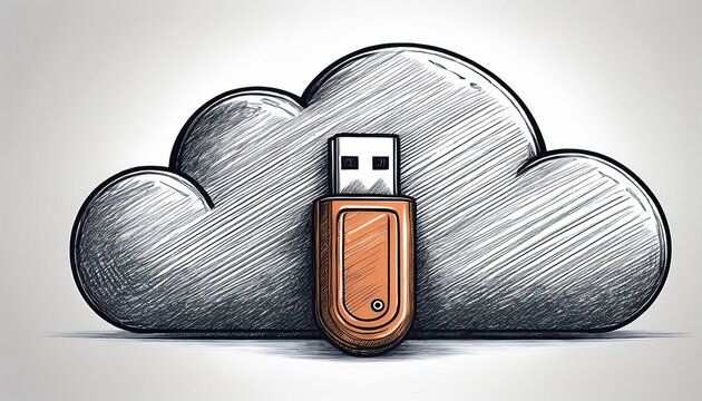 hand drawn sketch of usb stick and cloud computing