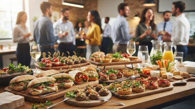 Catering table with sandwiches and appetizers at a business networking event