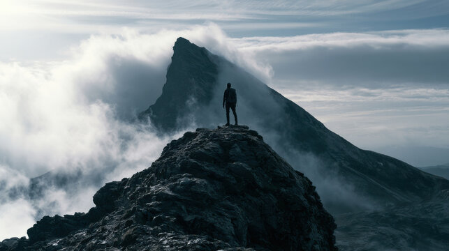 A person stands on a rocky peak. Clouds surround a large mountain in the background. The scene shows a clear view of the sky and landscape