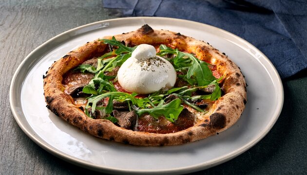 gourmet truffle pizza with burrata and arugula