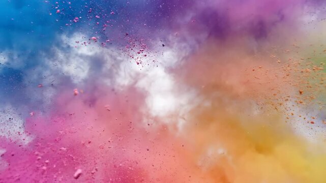 Colorful powder explodes outward in a dynamic burst against a white background explosion color vibrant particle spray splatter