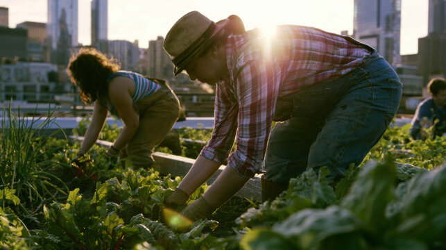 Two individuals tend to plants in a rooftop garden in the city. The sun sets behind tall buildings, creating a warm glow as they pull weeds and harvest vegetables