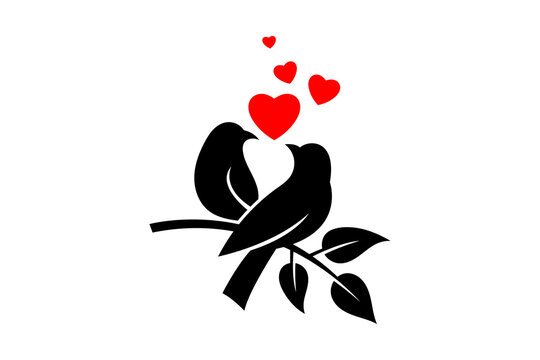 Love Birds on Branch Icon with Red Hearts for Valentine Day isolated on transparent background romantic couple bird romance anniversary wedding greeting graphic silhouette web element