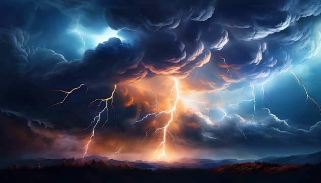 dramatic lightning strike in dark stormy cloudscape with bright flashes and heavy clouds
