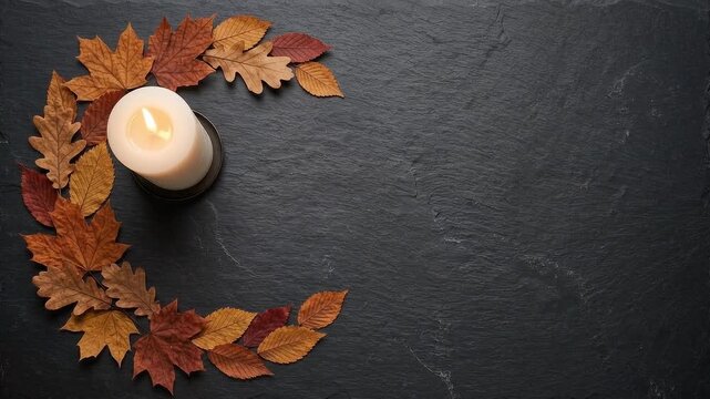 A lit white candle surrounded by a crescent arrangement of colorful autumn leaves on a textured dark slate background with copy space motion footage top view.