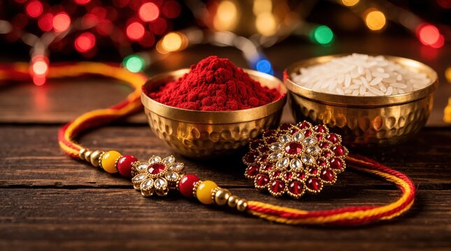 Decorative rakhi thread with kumkum powder and rice grains in brass bowls. Brother sister bond celebration elements on wooden table with festive bokeh lights.