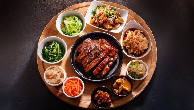 assorted asian dishes with grilled pork belly kimchi salads and vegetable side dishes on wooden platter