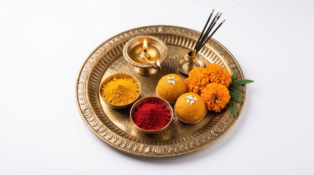 Traditional hindu prayer puja thali with lit diya, incense sticks, marigold flowers, sweets, turmeric and vermilion powder isolated on white background