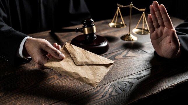 Person refuses bribe envelope in court. Hand held up, gavel and scales of justice present. Legal proceeding emphasizes honesty and integrity against corruption.