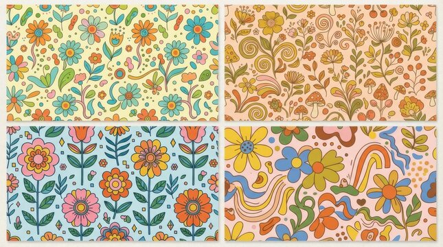 Set of four retro floral patterns with hand drawn flowers and leaves