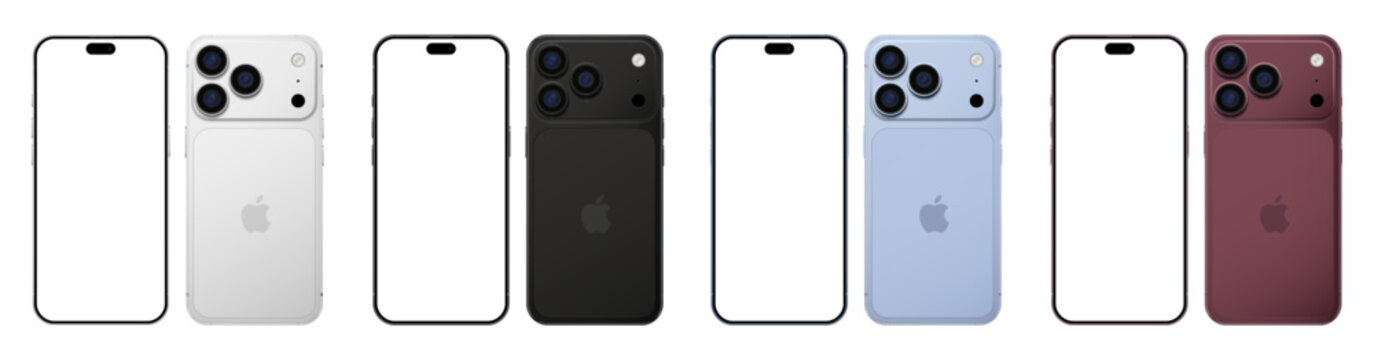 Kiev, Ukraine - September 9, 2026: New Apple iPhone 18 Pro Max in Silver, Black, Glacier and Burgundy colors. Smartphone 3D mockup screen front view iphone with white screens and back side phone