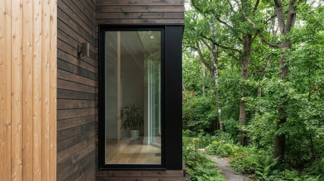 Modern house exterior with wooden cladding and forest view window