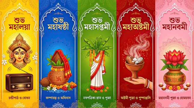 Durga puja festival banner collection featuring mahalaya, maha shasthi, maha saptami, maha ashtami, and maha navami with traditional cultural elements and festive illustrations