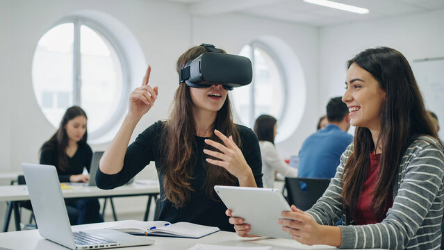 Young woman wearing a virtual reality headset interacting with digital interface in a modern office with colleagues