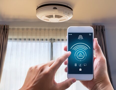 hand holding smartphone with smart home security app interface near smoke detector on ceiling mobile control for fire safety alarm system smoke sensor alert and wireless automation concept