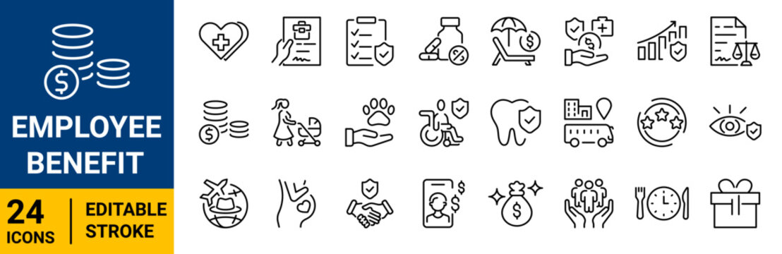 Employee benefit icons set. outline icons. Linear icon collection. Editable stroke. Vector illustration