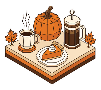 Isometric vector illustration featuring autumn pumpkin pie coffee press and hot beverage mug during fall