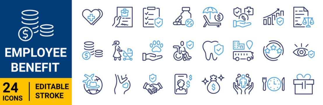 Employee benefit icons set. outline icons. Linear icon collection. Blue duotone color Editable stroke. Vector illustration