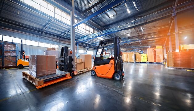 industrial packaging machine for pallet wrapping in a modern logistics center warehouse