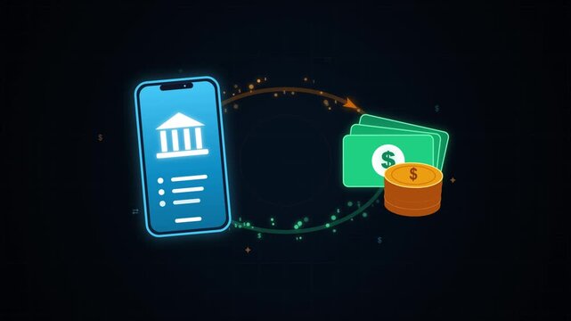 Animated Bank Transfer Icons Looping Between Two Mobile Devices, Illustrating Digital Finance and Online Payments