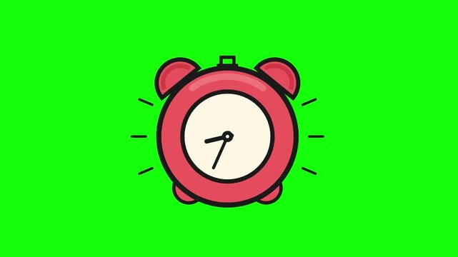 Red alarm clock animation featuring spinning hands showing passage of time on bright green background for digital motion video projects