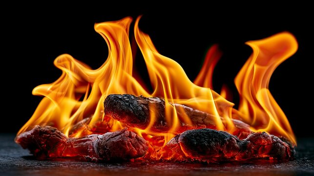Intense Flames Rising From Burning Logs On Black Background.