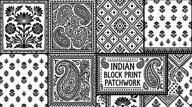 Very beautiful bold black and white seamless vector pattern featuring Indian block-print flowers, geometric patchwork squares, paisley ornaments, "INDIAN BLOCK PRINT PATCHWORK", crisp carved-print lin