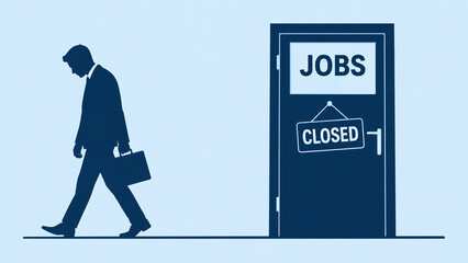 Obraz premium A dejected businessman holding a briefcase walks away from a door labeled 
