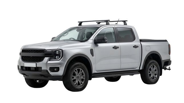 Modern silver pickup truck with roof racks isolated on transparent background