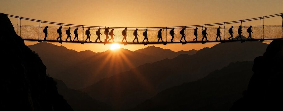 Silhouetted group of hikers walk in single file across narrow suspension bridge at sunset. People trek over deep mountain chasm during golden hour. Adventure travelers cross high rope bridge between