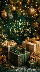 Obraz premium Merry Christmas Greeting with Green Tree Gold Gifts and Festive Lights
