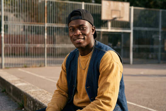 Smiling Man in 1990s Style at a Basketball Court