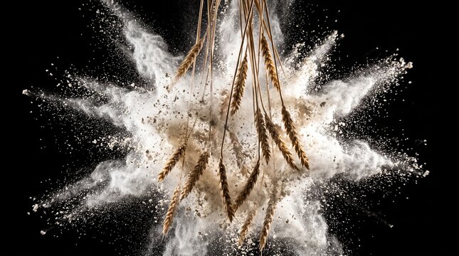 Dried wheat stalks exploding with white flour particles captured against a dark black background in this high speed studio shot