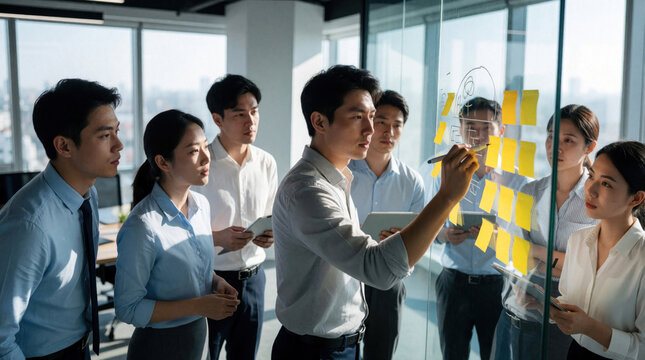 Diverse business team brainstorms ideas on glass wall with sticky notes. Professionals plan project together in modern office, share knowledge.