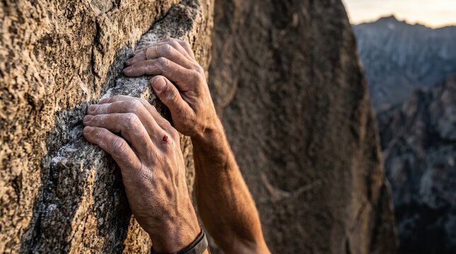 Close up of a rock climber's chalked hands gripping a stone hold with a bleeding scratch GENERATED AI