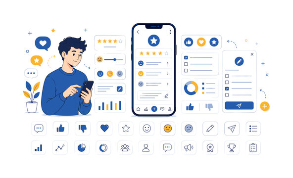 Young man using smartphone to interact with feedback and rating system