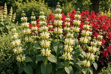 Naklejka premium Phlomis russeliana plant grows in summer garden. Jerusalem sage tall yellow flower spikes, green leaves. Red salvia flowers bloom in background of botanical park. Decorative perennial shrub creates