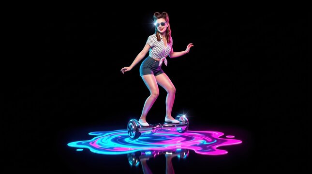 A stylish pin-up girl rides a modern glowing hoverboard over a surreal liquid neon puddle on a black background, capturing a playful pop-art aesthetic with vibrant light reflections.