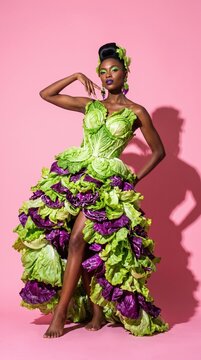 Fashion model wearing a surreal cabbage leaf gown on vibrant pink background featuring a creative vegetable couture dress with purple and green layers. This artistic portrait celebrates food fashion.