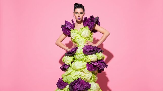 Fashion model wearing a surreal cabbage leaf gown on vibrant pink background captures a playful pop-art concept with a dress made of fresh green and purple vegetable leaves.
