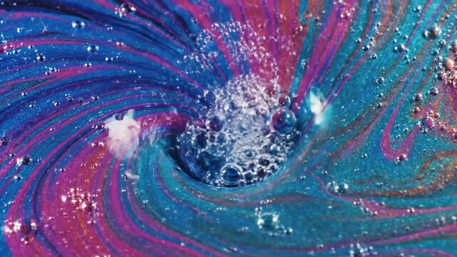 Vibrant swirling glitter liquid forms abstract vortex