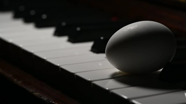 White Egg on Piano Keys with Changing Light and Shadows