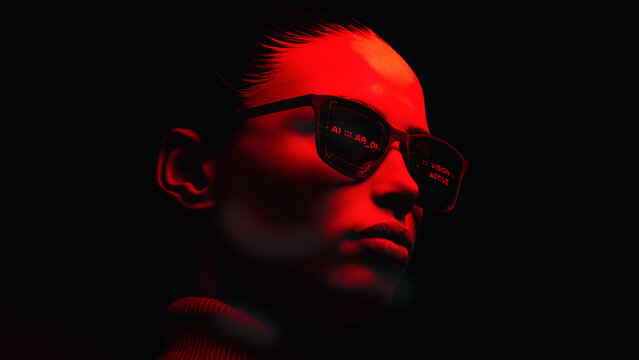 Futuristic Portrait with AI Smart Glasses in Red Light