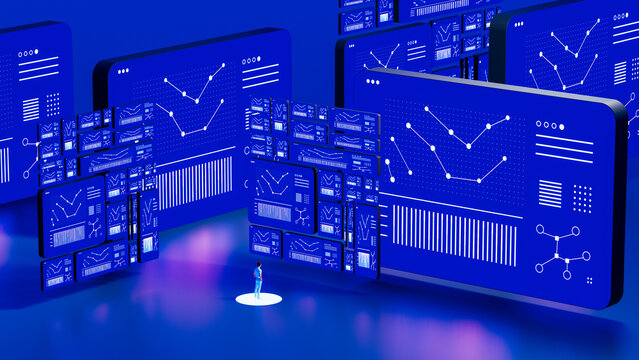 Human Figure Exploring a Wall of Data Dashboards