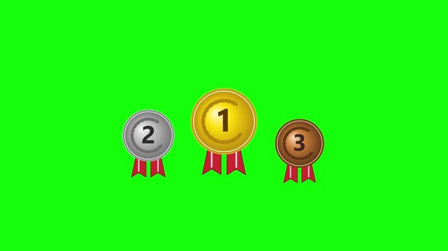 Gold silver and bronze medal symbols representing competitive ranking floating in motion for a championship award digital animation video scene