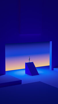 Lone Man on Staircase Beneath Vast Dark Space