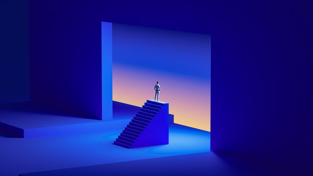 Man at Top of Stairs Framed by Luminous Doorway