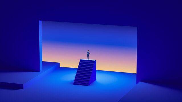 Rear View of Man Facing Horizon at Top of Stairs